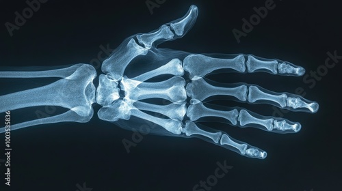 A close-up of a high-resolution X-ray scan of a human hand, showcasing intricate bone details, perfect for radiology and medical study purposes.