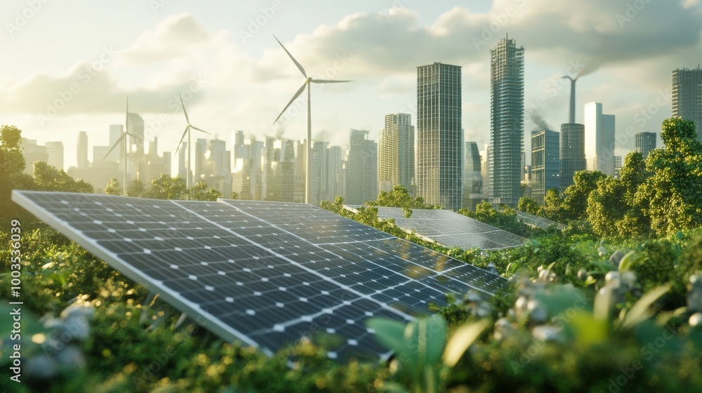 Fototapeta premium Concept of environmental technology being implemented globally, with visuals of solar