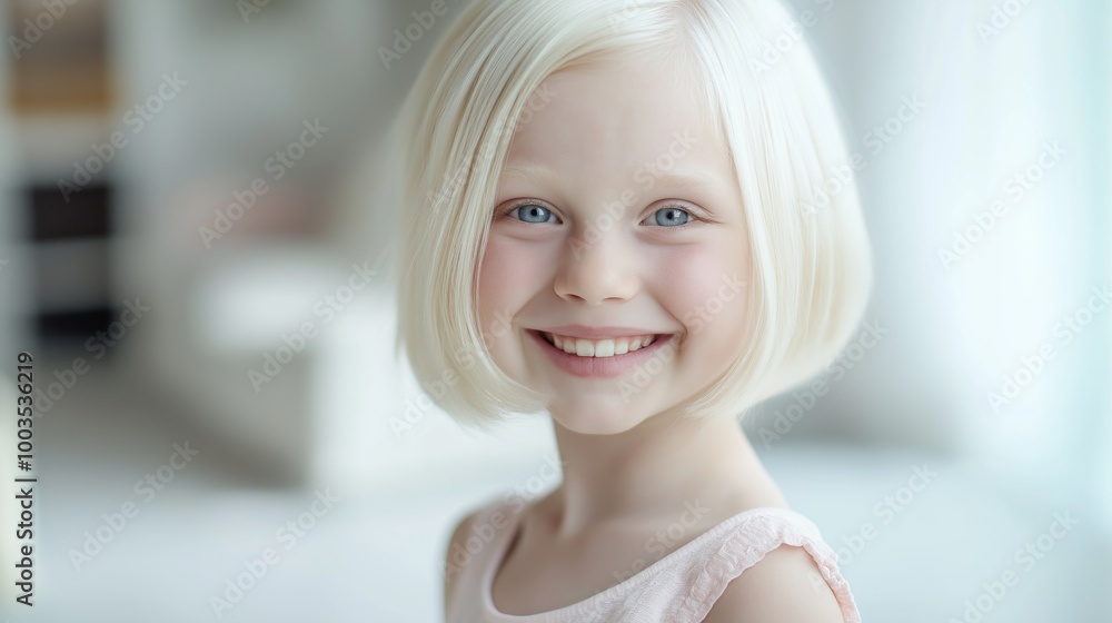 Smiling Young Albino Girl with Blonde Hair, Blue Eyes in Bright Indoor Setting Portrait for Diversity and Inclusion Projects Smiling Young Albino Girl with Blonde Hair, Blue Eyes in Bright Indoor Setting Portrait for Diversity and Inclusion Projects