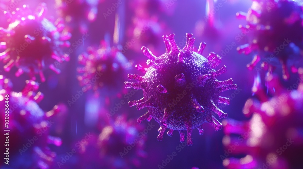 Close-up view of stylized virus particles in vibrant colors. Close-up view of stylized virus particles in vibrant colors.