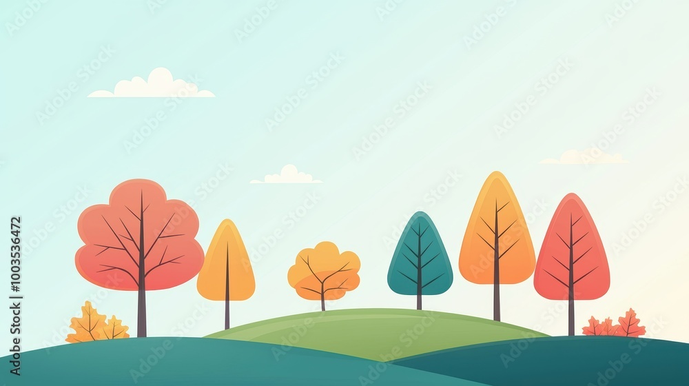 Colorful trees on a hill with a bright sky backdrop. Colorful trees on a hill with a bright sky backdrop.