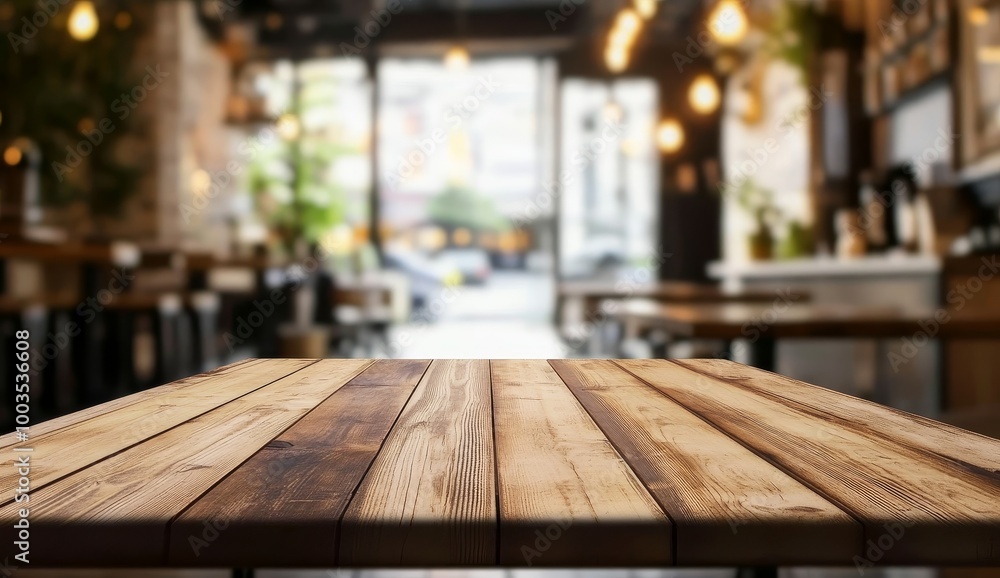 Empty wooden table in a cafe with a blurry background of cafe interior. Empty wooden table in a cafe with a blurry background of cafe interior.