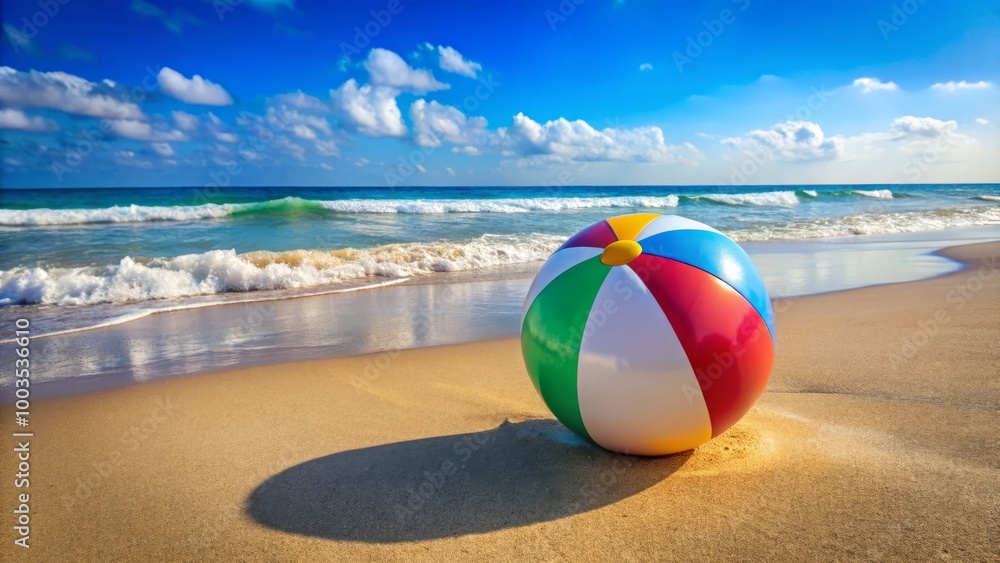 Obraz premium A vibrant beach ball lies on a soft, sandy shore, with gentle waves lapping nearby, all illuminated by