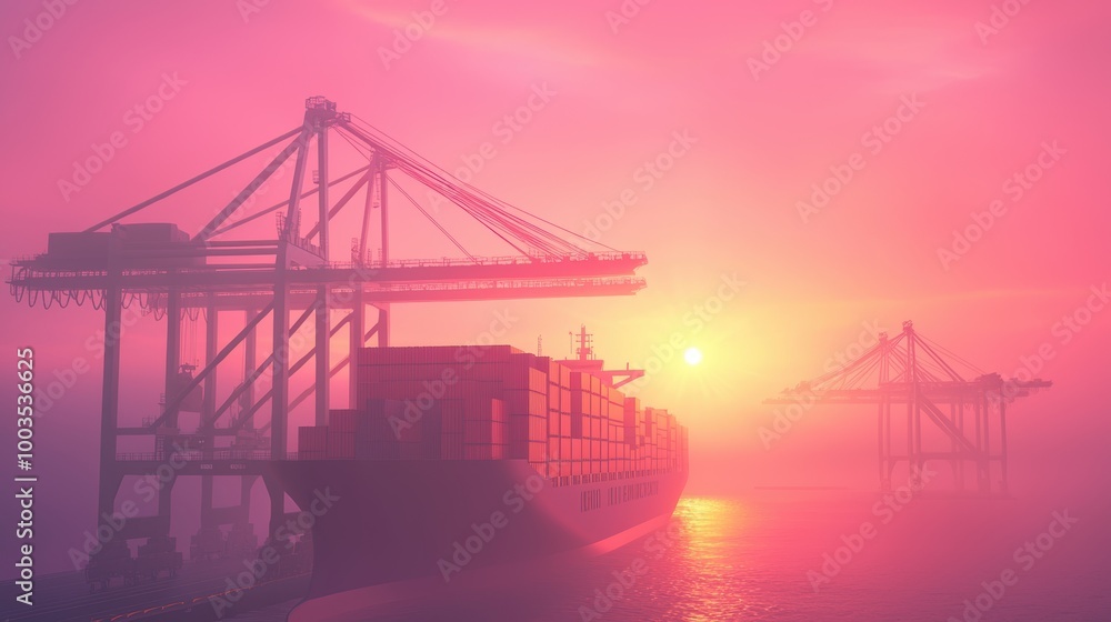 Obraz premium Container ship at sunset with cranes in soft, foggy atmosphere.