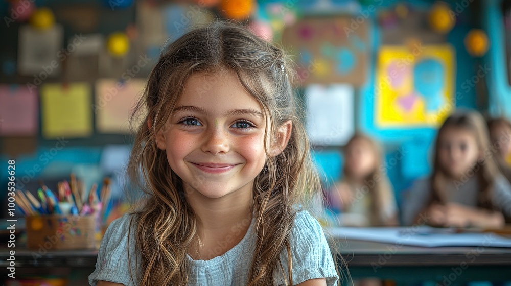 A smiling girl in a classroom, surrounded by colorful artwork and classmates. A smiling girl in a classroom, surrounded by colorful artwork and classmates.