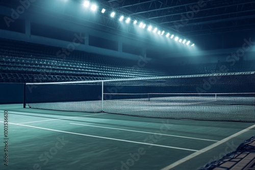 Empty indoor tennis court with bright lights and bleachers in the background.