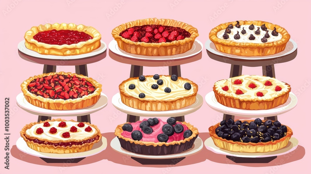 Delicious assortment of fruit tarts on display. Delicious assortment of fruit tarts on display.
