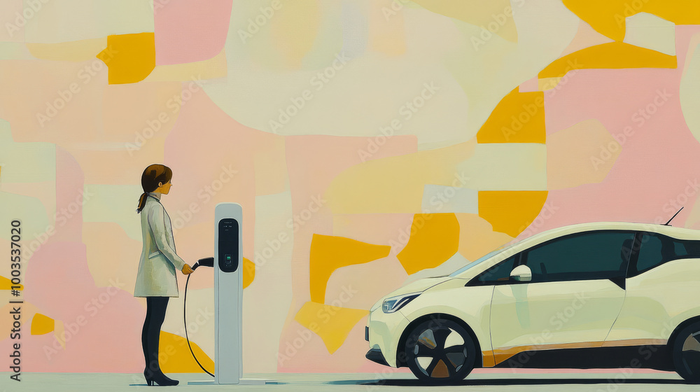 Naklejka premium Woman charging her electric car against a colorful wall.