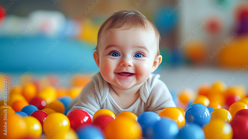 Happy Baby Playing with Colorful Balls in a Bright Room Happy Baby Playing with Colorful Balls in a Bright Room