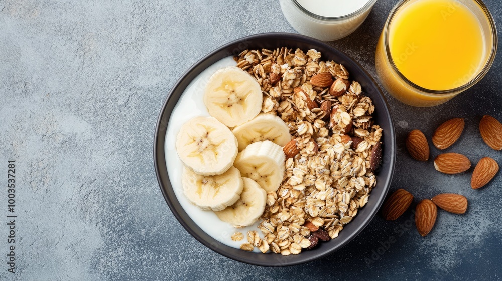 A nutritious breakfast bowl with Greek yogurt, granola, almonds, and bananas, alongside a glass of orange juice and milk, viewed from above. A nutritious breakfast bowl with Greek yogurt, granola, almonds, and bananas, alongside a glass of orange juice and milk, viewed from above.