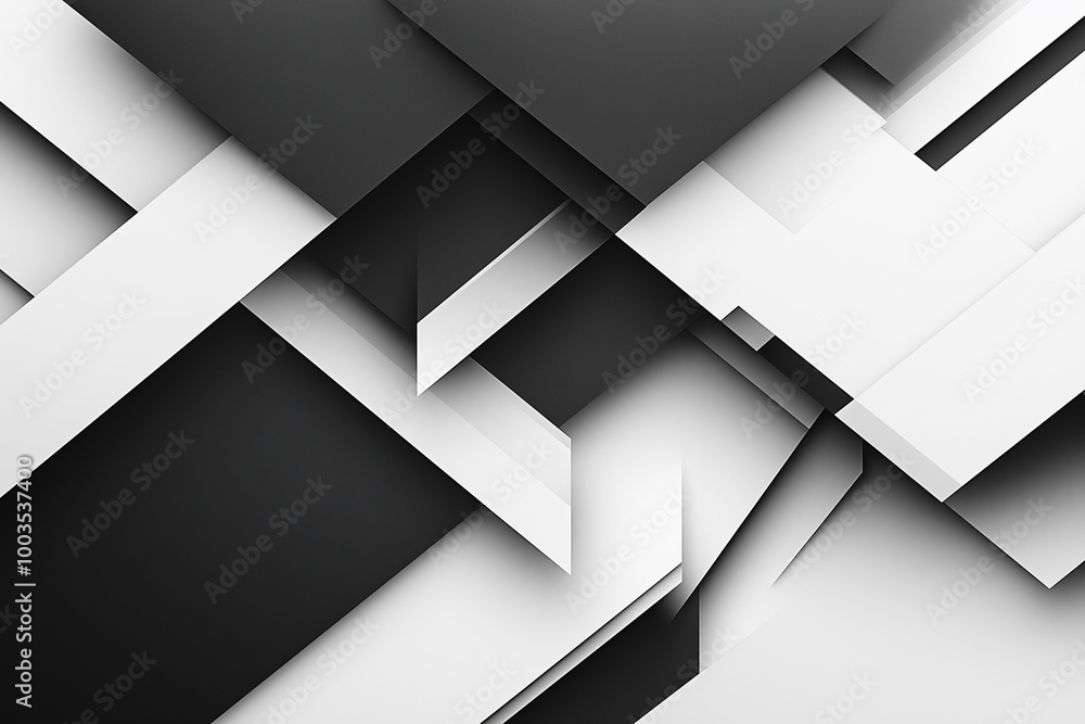 black and white abstract image with white squares and triangles. The image is a collage of different shapes and sizes, creating a sense of depth and movement. The composition is dynamic black and white abstract image with white squares and triangles. The image is a collage of different shapes and sizes, creating a sense of depth and movement. The composition is dynamic
