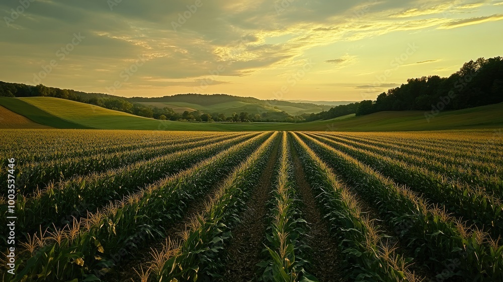 A panoramic view of a corn field plantation, showcasing evenly spaced rows of tall corn plants growing against a backdrop of rolling hills. A panoramic view of a corn field plantation, showcasing evenly spaced rows of tall corn plants growing against a backdrop of rolling hills.