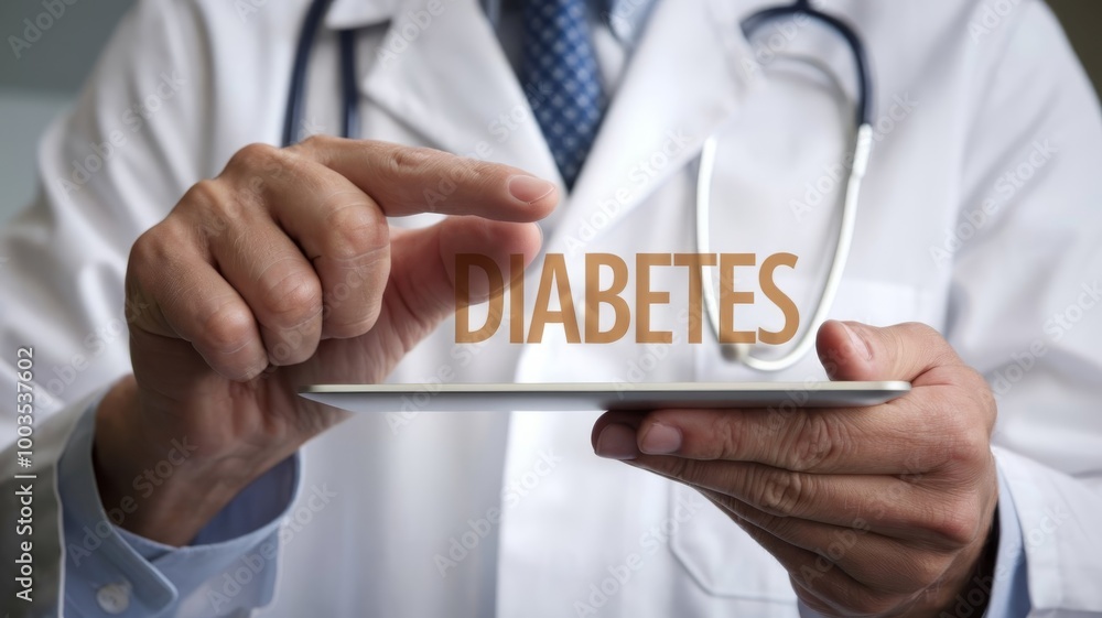 Doctor’s hands holding a tablet with diabetes message, front position, cropped without head Doctor’s hands holding a tablet with diabetes message, front position, cropped without head