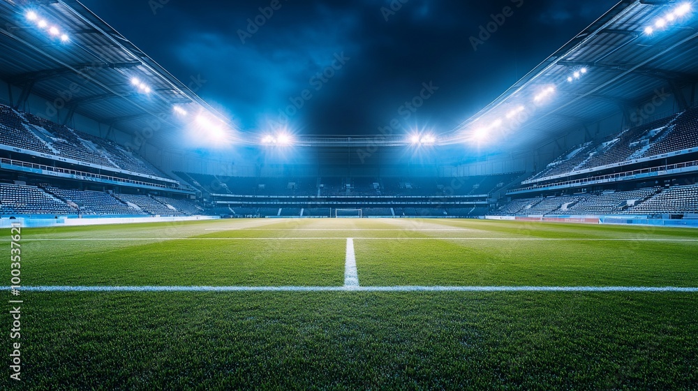 Empty soccer field with stadium lights. Empty soccer field with stadium lights.