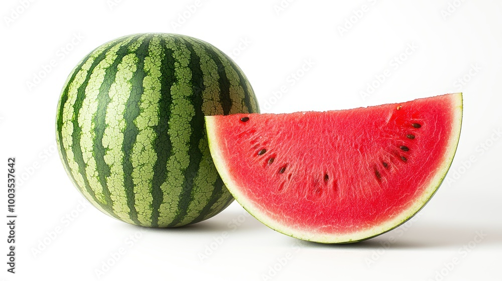 Fresh watermelon, whole and sliced, on white isolate background. Fresh watermelon, whole and sliced, on white isolate background.
