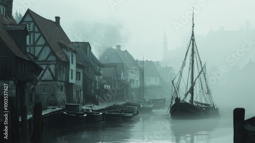 Wallpaper Mural Misty Seaport Town with Sailing Ship Docked in the Harbor Torontodigital.ca