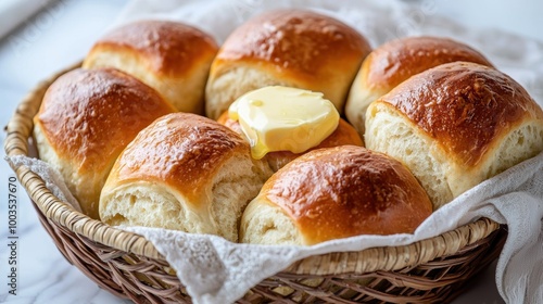 Freshly baked bread rolls with butter in a woven basket. photo