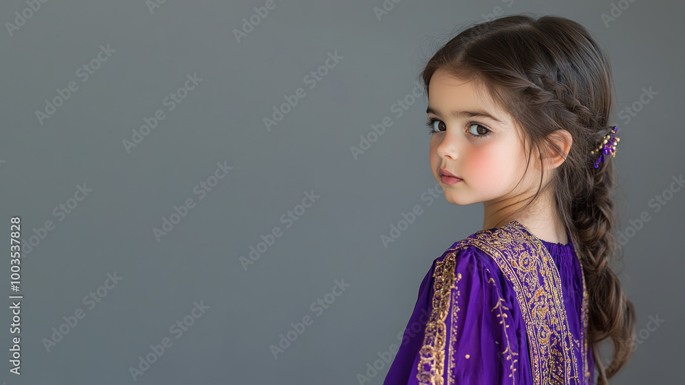 Canadian little girl wearing moroccan kaftan isolated on grey Canadian little girl wearing moroccan kaftan isolated on grey