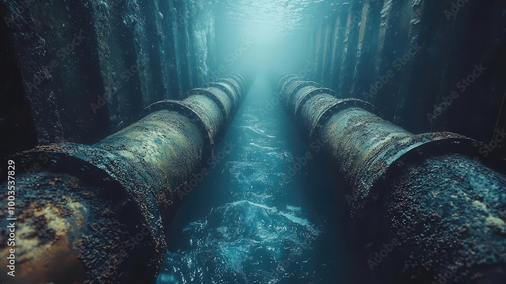 Gas pipelines under deep ocean pressure, representing advanced technology and industrial infrastructure, critical for energy transportation Gas pipelines under deep ocean pressure, representing advanced technology and industrial infrastructure, critical for energy transportation
