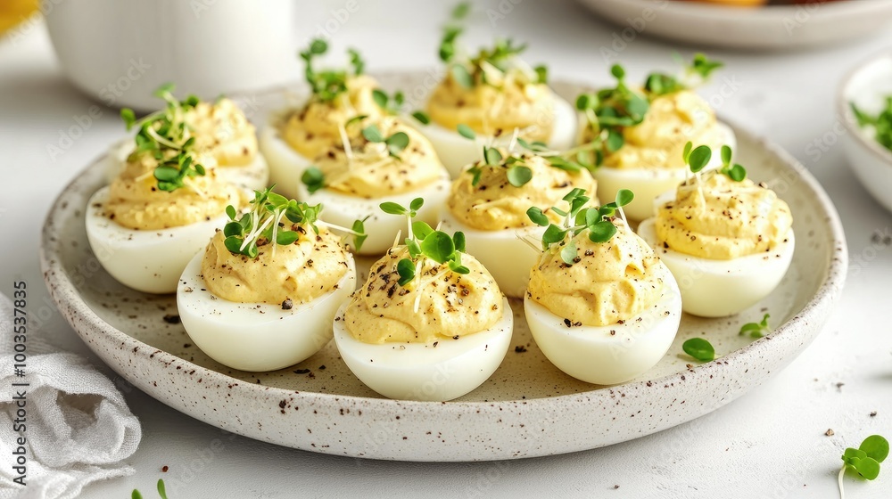 A plate of deviled eggs topped with cheese, mustard, and fresh microgreens, arranged beautifully for Easter celebrations, set against a light background. A plate of deviled eggs topped with cheese, mustard, and fresh microgreens, arranged beautifully for Easter celebrations, set against a light background.