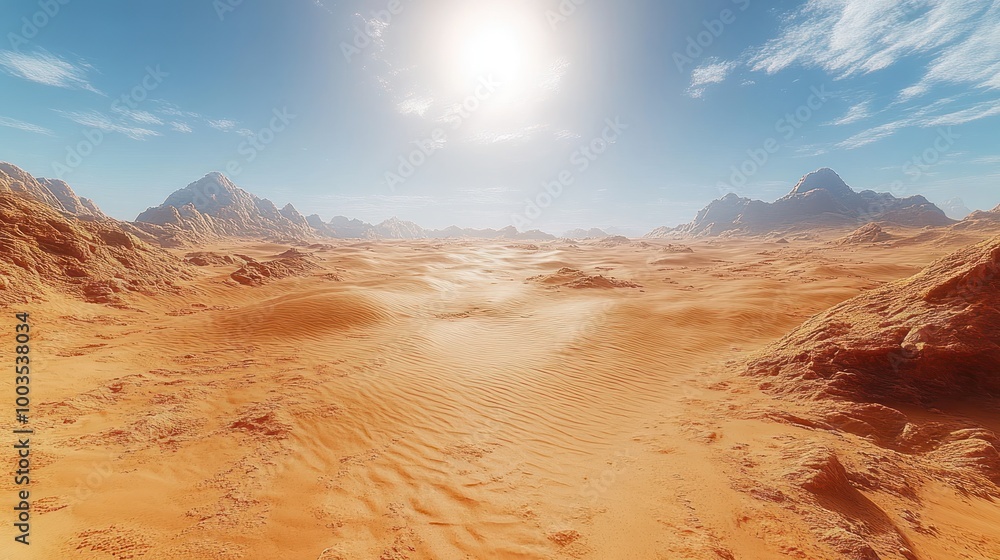 Desert Landscape with Mountains Under Bright Sun Desert Landscape with Mountains Under Bright Sun