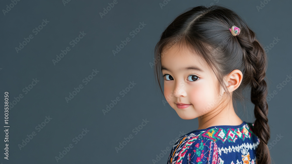 Chinese little girl wearing moroccan kaftan isolated on gray Chinese little girl wearing moroccan kaftan isolated on gray