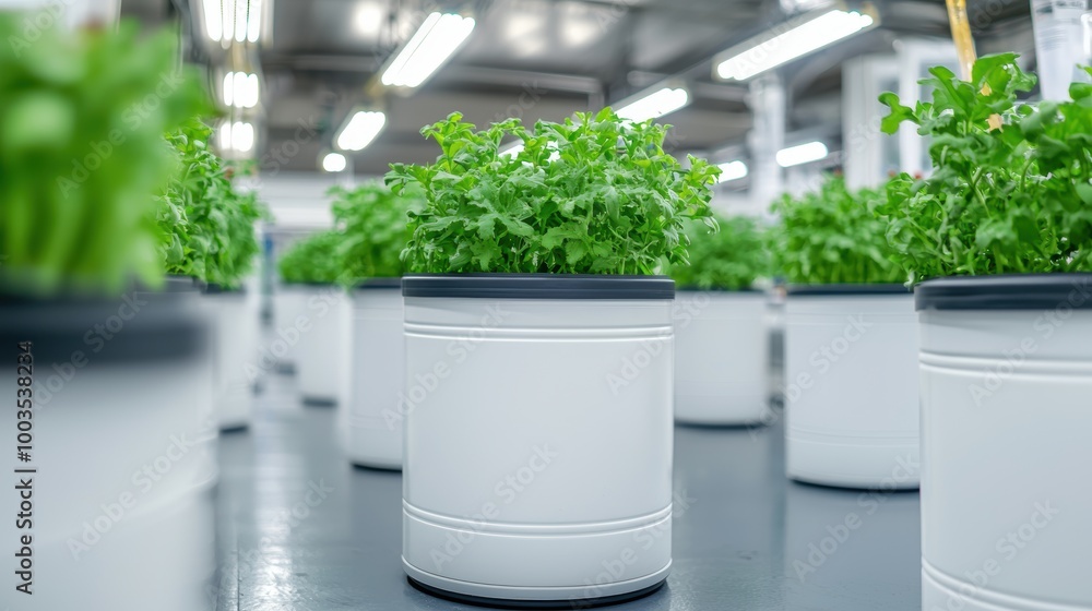 Lush green plants in white containers on a bright background Lush green plants in white containers on a bright background