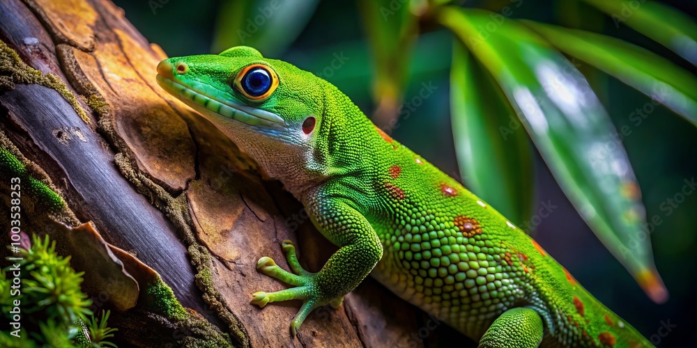 A vivid green gecko blends seamlessly with the textured bark and lush leaves of its natural habitat, showcasing A vivid green gecko blends seamlessly with the textured bark and lush leaves of its natural habitat, showcasing