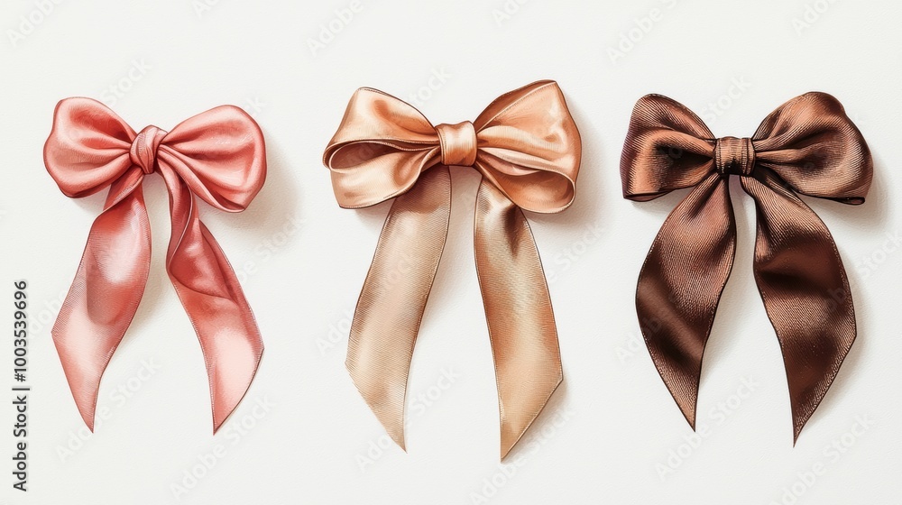 Three elegant satin bows on a white isolated background. Three elegant satin bows on a white isolated background.