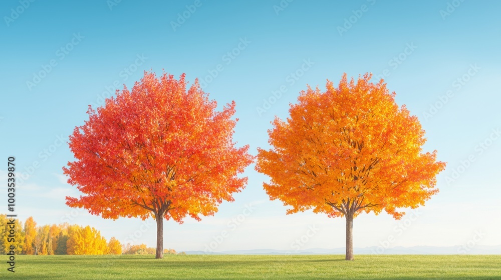 Two vibrant autumn trees against a clear blue sky. Two vibrant autumn trees against a clear blue sky.