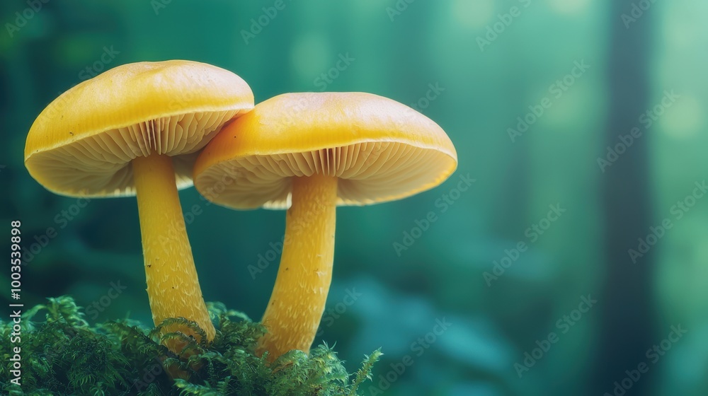 Fototapeta premium Two yellow mushrooms growing in green forest environment