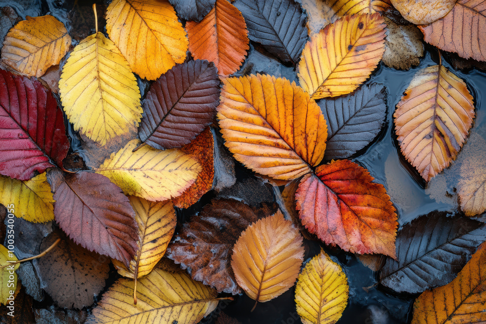 Fototapeta premium Coloured wet leaves lying on a wet road. AI generativ.