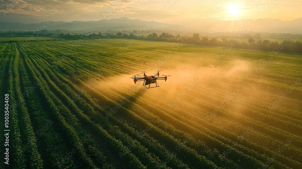 Advanced agricultural drone disperses fertilizers over a vast farmland, optimizing crop yield Advanced agricultural drone disperses fertilizers over a vast farmland, optimizing crop yield