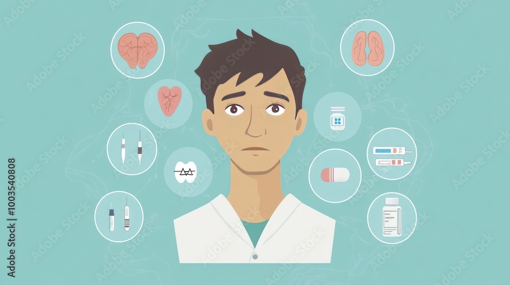 Illustration of a concerned individual surrounded by health-related icons. Illustration of a concerned individual surrounded by health-related icons.