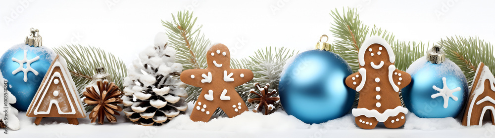 Blue Christmas balls and gingerbread in a row with spruce branches covered with snow on white background in winter. Horizontal composition. Blue Christmas balls and gingerbread in a row with spruce branches covered with snow on white background in winter. Horizontal composition.