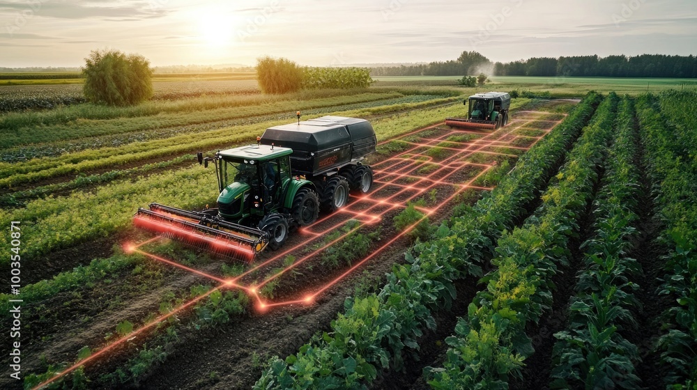 Fototapeta premium Automated farming machinery working in sync on a large-scale farm, showcasing the future of agriculture