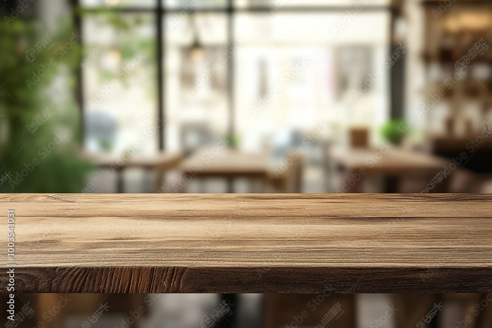 Wooden table top with a blurry background of a cafe. Wooden table top with a blurry background of a cafe.