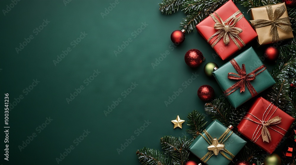 Christmas eve celebration: top view of gift boxes with ribbon bows, green and red baubles, gold star ornaments, and pine branches on green background with copy space