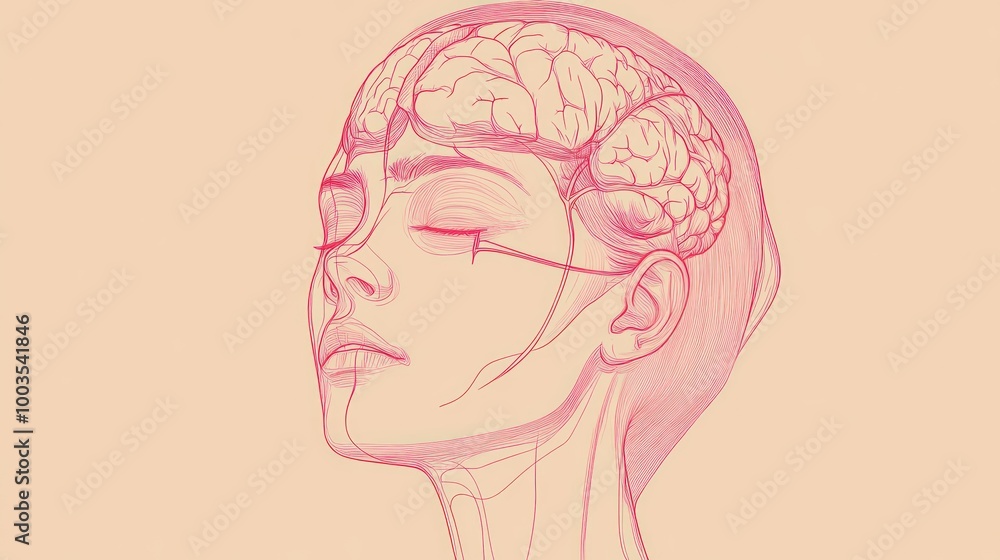 Illustration of a human head showing the brain and facial structures in a minimalist style. Illustration of a human head showing the brain and facial structures in a minimalist style.