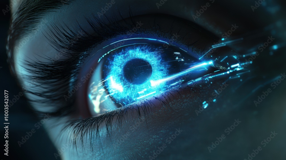 Detailed eye with a beam of blue light cutting through the center, digital cyber futuristic theme Detailed eye with a beam of blue light cutting through the center, digital cyber futuristic theme