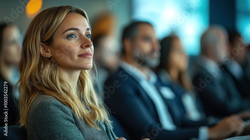 Wallpaper Mural Corporate audience seated and listening to a speaker presenting business strategies in a conference setting Torontodigital.ca