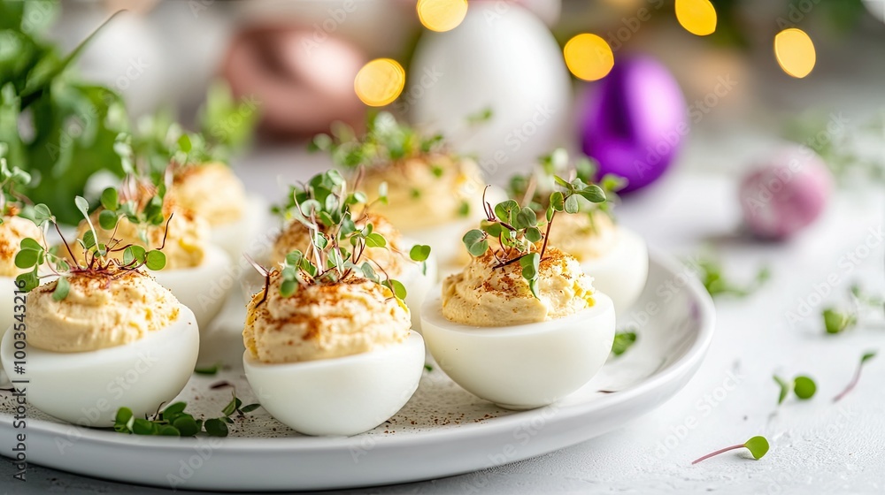 Easter-themed deviled eggs topped with cheese and microgreens, placed on a white plate with festive decorations in the background. Easter-themed deviled eggs topped with cheese and microgreens, placed on a white plate with festive decorations in the background.