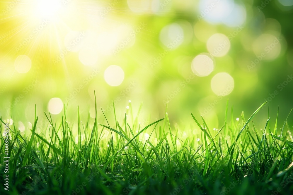 Closeup of green grass blades with sun shining in background. Closeup of green grass blades with sun shining in background.