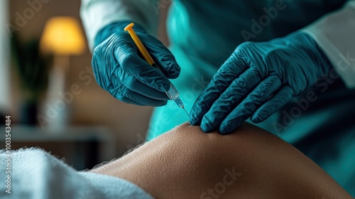 Medical acupuncture injection, needles and skin close-up, treatment, relaxation, muscle and body pain in health clinic