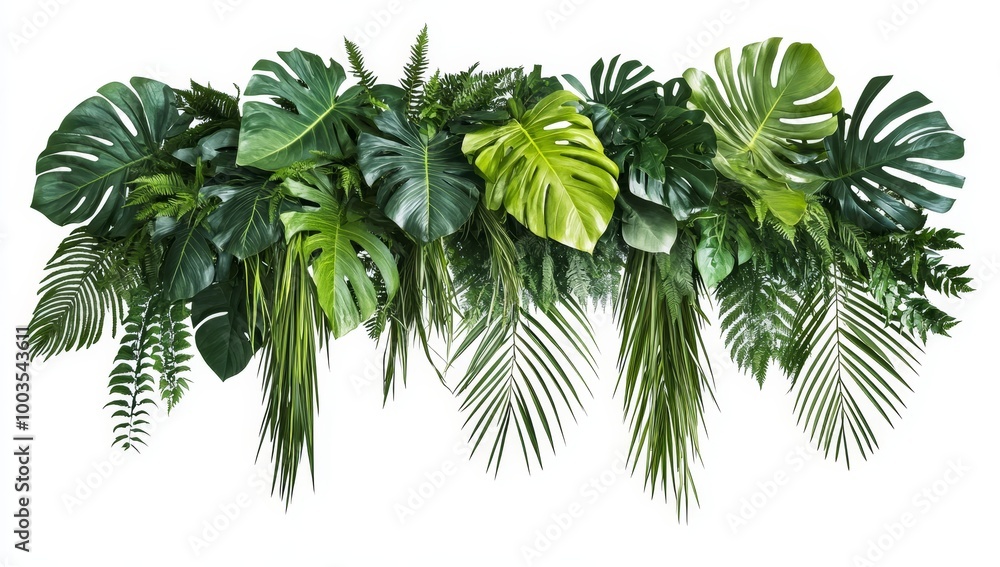 Lush green tropical leaves, ferns, and palm branches arranged in a horizontal row on a white background. Lush green tropical leaves, ferns, and palm branches arranged in a horizontal row on a white background.