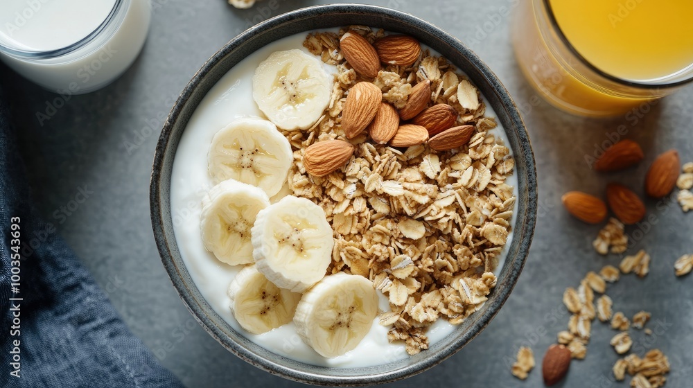 Flat lay of a healthy breakfast bowl featuring Greek yogurt, granola, bananas, and almonds, accompanied by milk and a glass of orange juice. Flat lay of a healthy breakfast bowl featuring Greek yogurt, granola, bananas, and almonds, accompanied by milk and a glass of orange juice.
