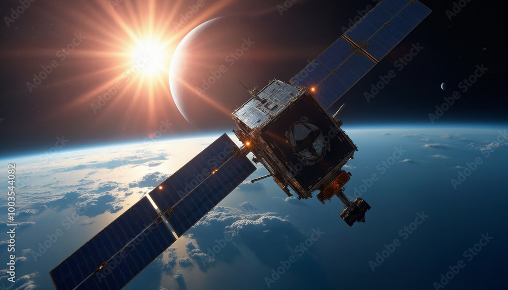 A satellite is flying through space with the sun in the background A satellite is flying through space with the sun in the background