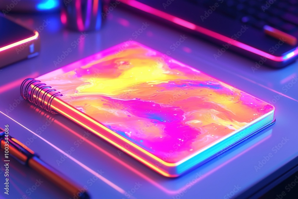 Vibrant 3D Digital Mockup of a Playful Notebook Cover with Neon Glow and Abstract Patterns Vibrant 3D Digital Mockup of a Playful Notebook Cover with Neon Glow and Abstract Patterns
