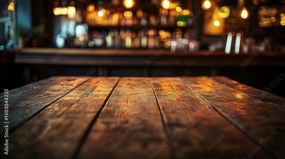 Warm Wooden Surface with Blurred Bar Background Warm Wooden Surface with Blurred Bar Background