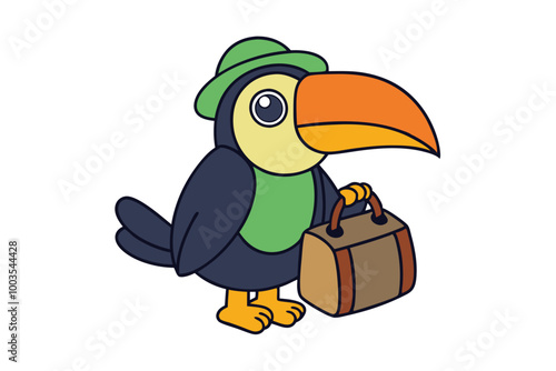 Toucan with a Suitcase Getting Ready for a Vacation Animal Clipart Vector Illustration